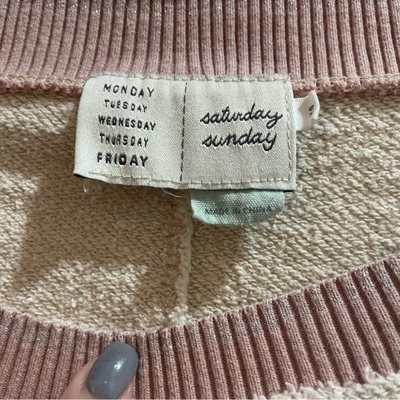 Anthropologie Saturday Sunday Au Fait Cream Pink Metallic Trim Linen Sweatshirt - Picture 7 of 12